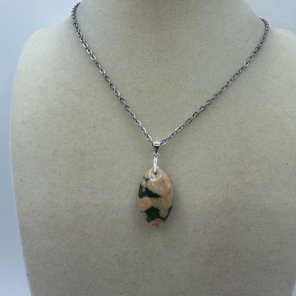 Eye Shaped Ocean Jasper Pendant on Stainless Steel Chain - Picture 6 of 9